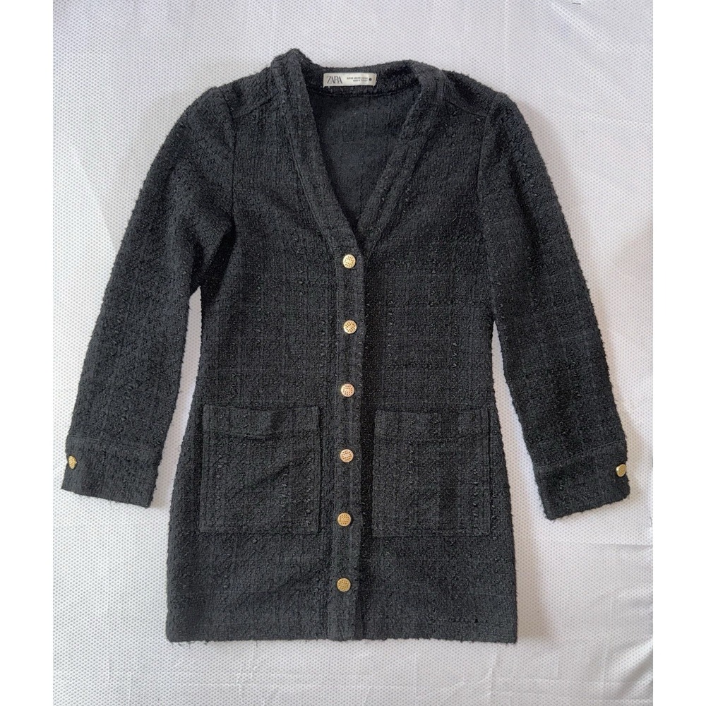 Zara Black Gold Button Front Mini Jacket‎ Dress Size XS Textured Tweed Cardigan - Picture 2 of 10